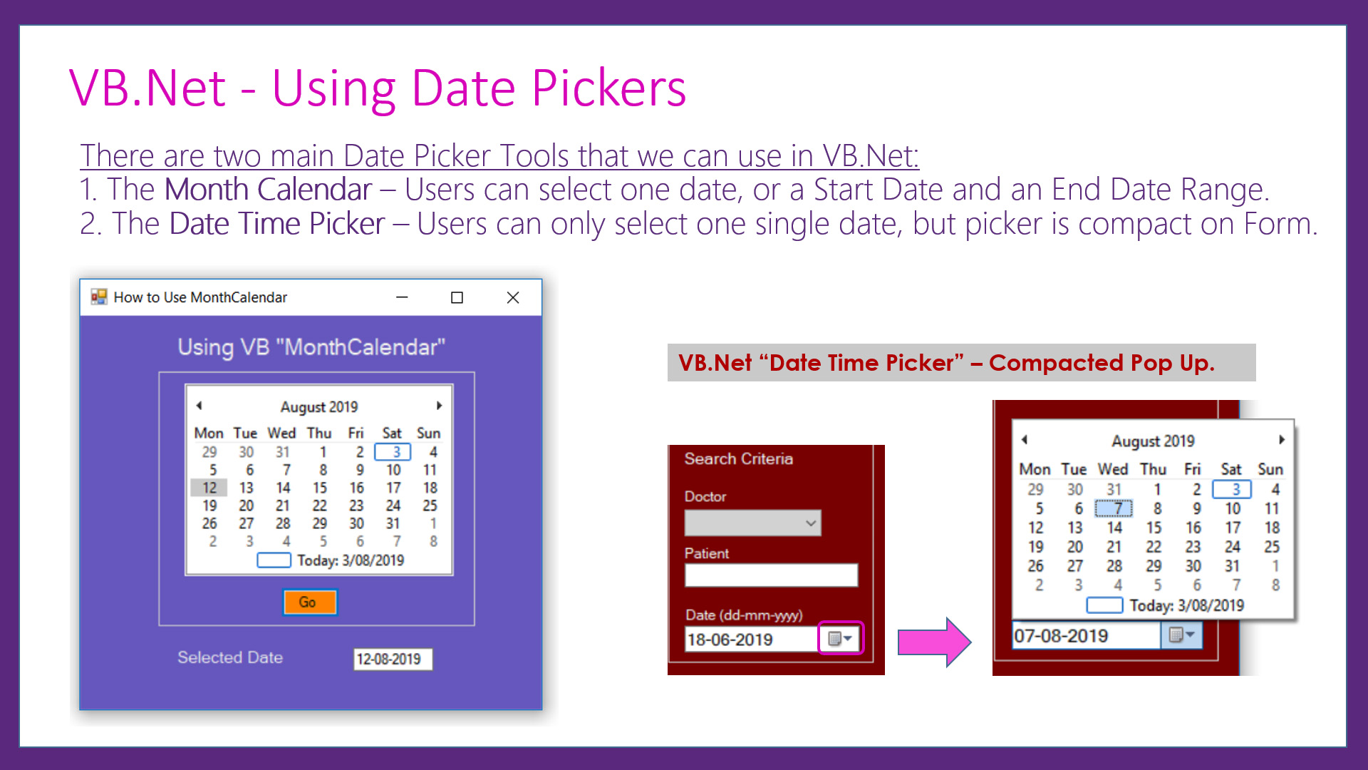 VB Using Date Picker Calendars Passy World of ICT
